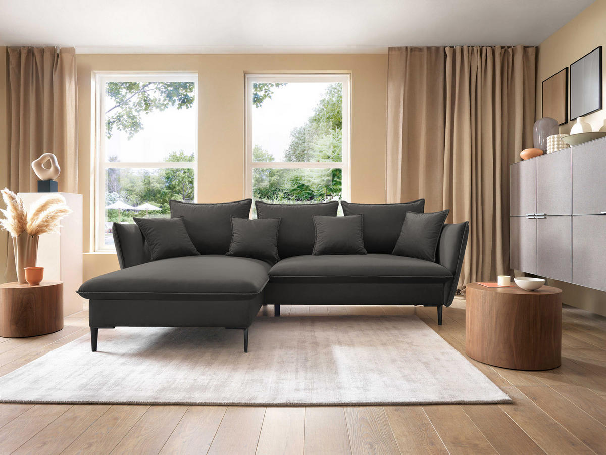 ECKSOFA GLOSS mit Schlaffunktion, Ottomane & goldenen Füßen – Samtsofa im GLOSSour-Stil mit Zierkissen, 258x167x91cm, Linke, SCHWARZ - Schwarz, Holz/Textil (167/258cm) - DomoHome