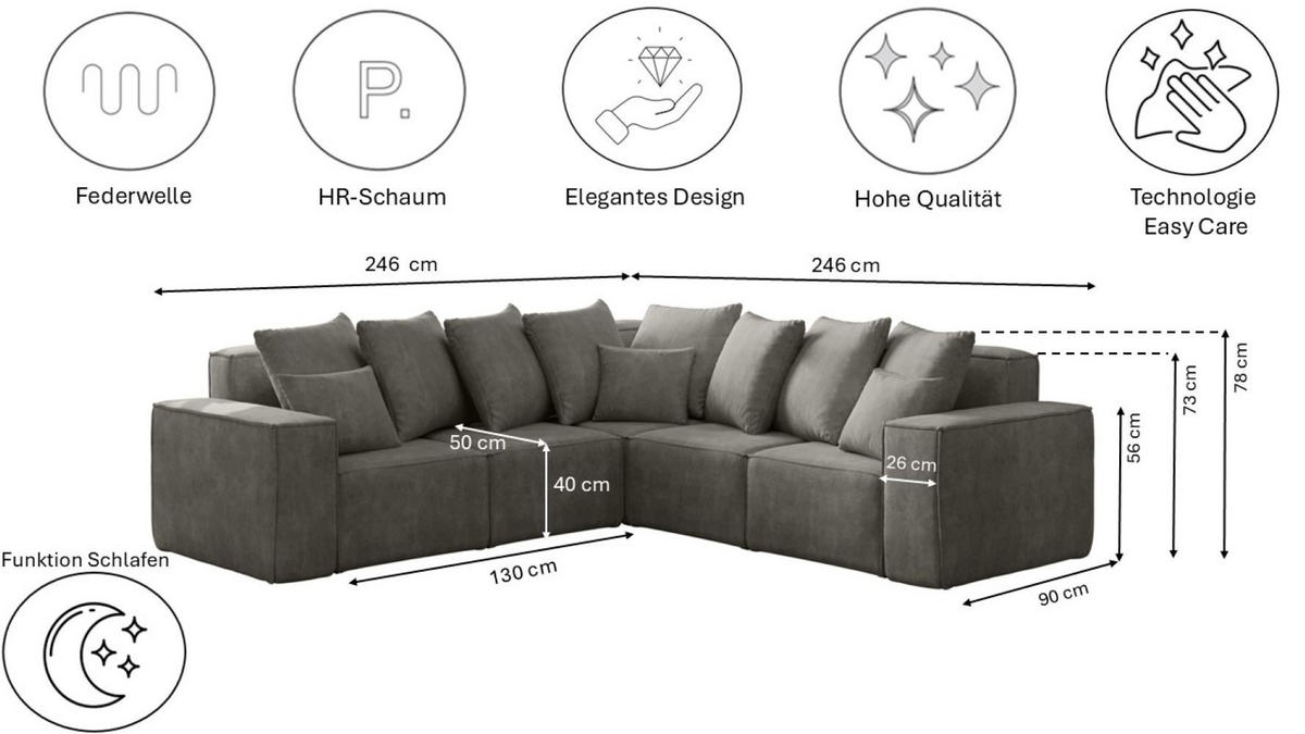 ECKSOFA Corner Ella Stoff Noel Velours Grau - Grau, Holz/Textil (246/246cm) - Kaiser Möbel