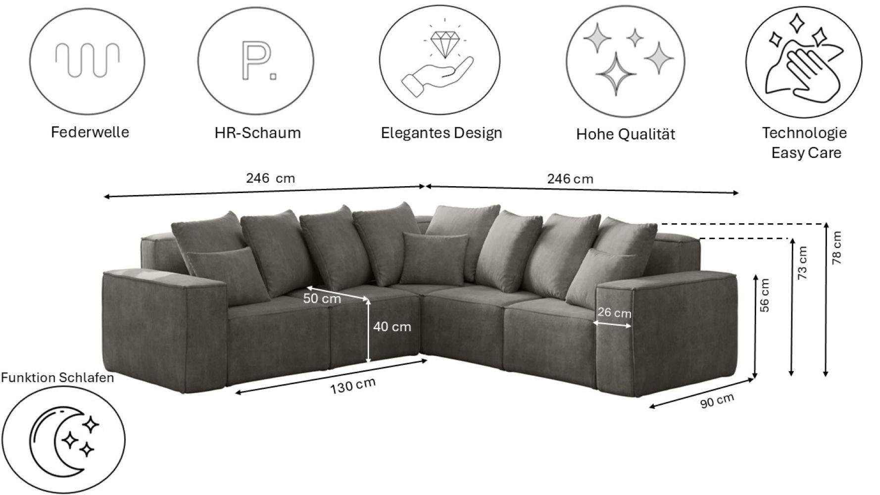 Thumbnail - Kaiser Möbel Ecksofa, Grau, Textil, einzeln stellbar,L-Form, 246x246 cm, Wohnzimmer, Sofas & Couches, Wohnlandschaften, ...