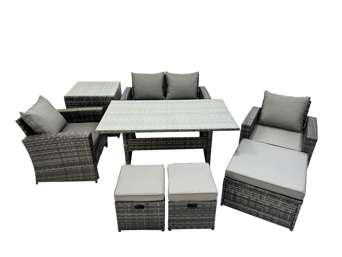 GARTENMÖBELSET mit 2 Sesseln,Zweisitzer,3 Hockern,Esstisch,Beistelltisch Polyrattan Dunkelgrau 7-Sitzer - Dunkelgrau/Grau, Glas/Kunststoff - Fimous