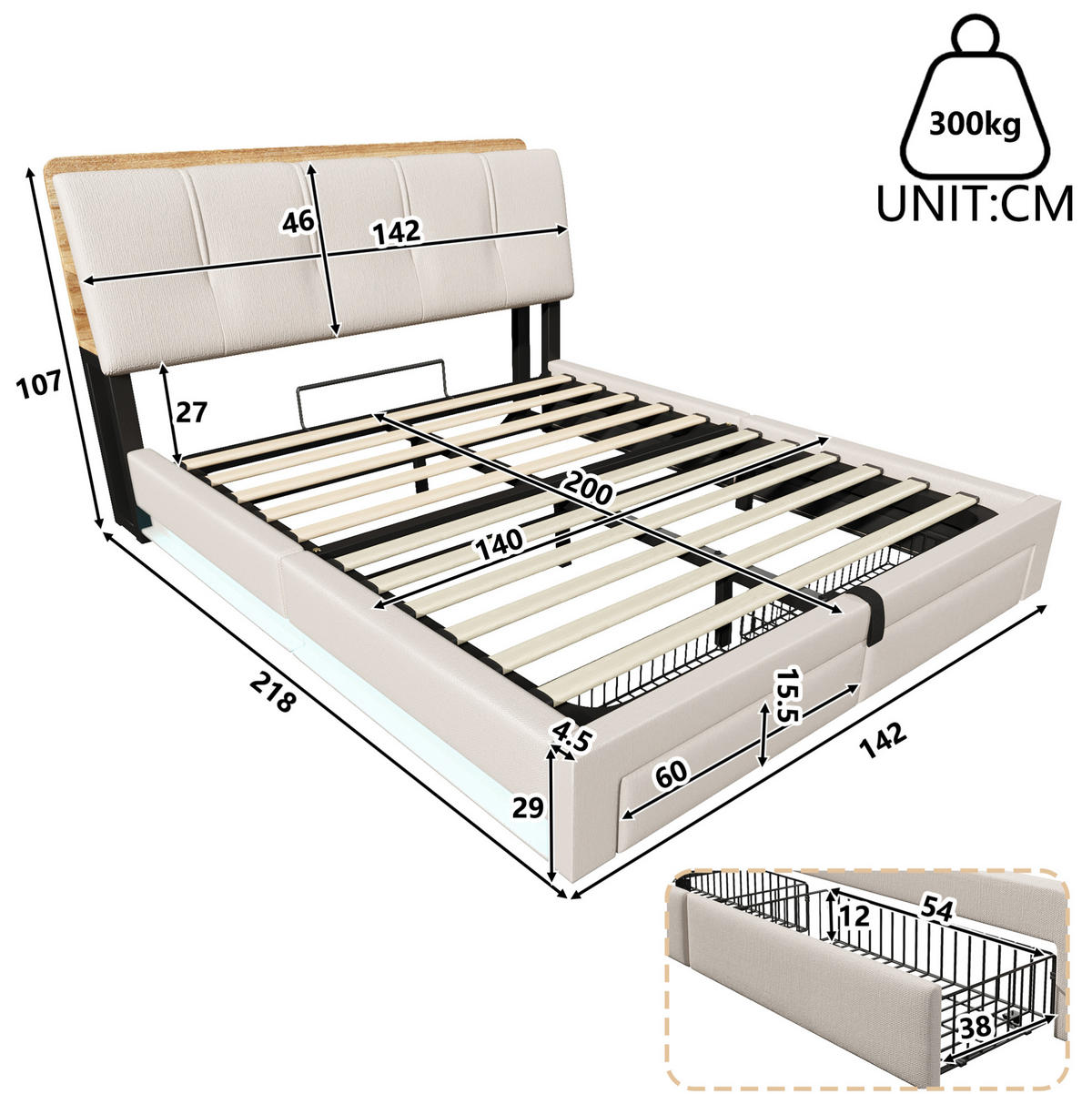 POLSTERBETT mit Stauraum & USB 140x200 cm Leinen Beige - Beige, Metall (140/200cm) - Meubliv