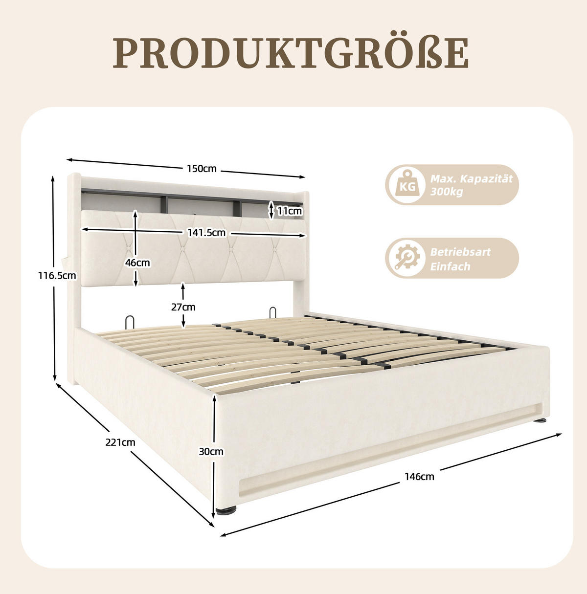 BETT mit Stauraum und LED 140x200 cm Samt Beige - Beige, Metall (140/200cm) - Meubliv