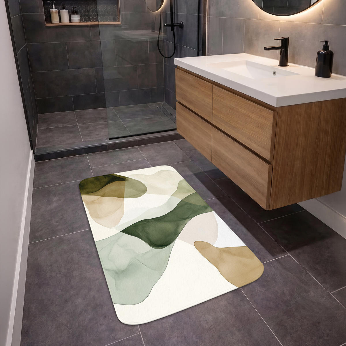 KÚPEĽŇOVÁ PREDLOŽKA Japandi - Abstraktné - Zelené 60x90 cm - zelená, textil/plast (60/90cm) - OnlyWow