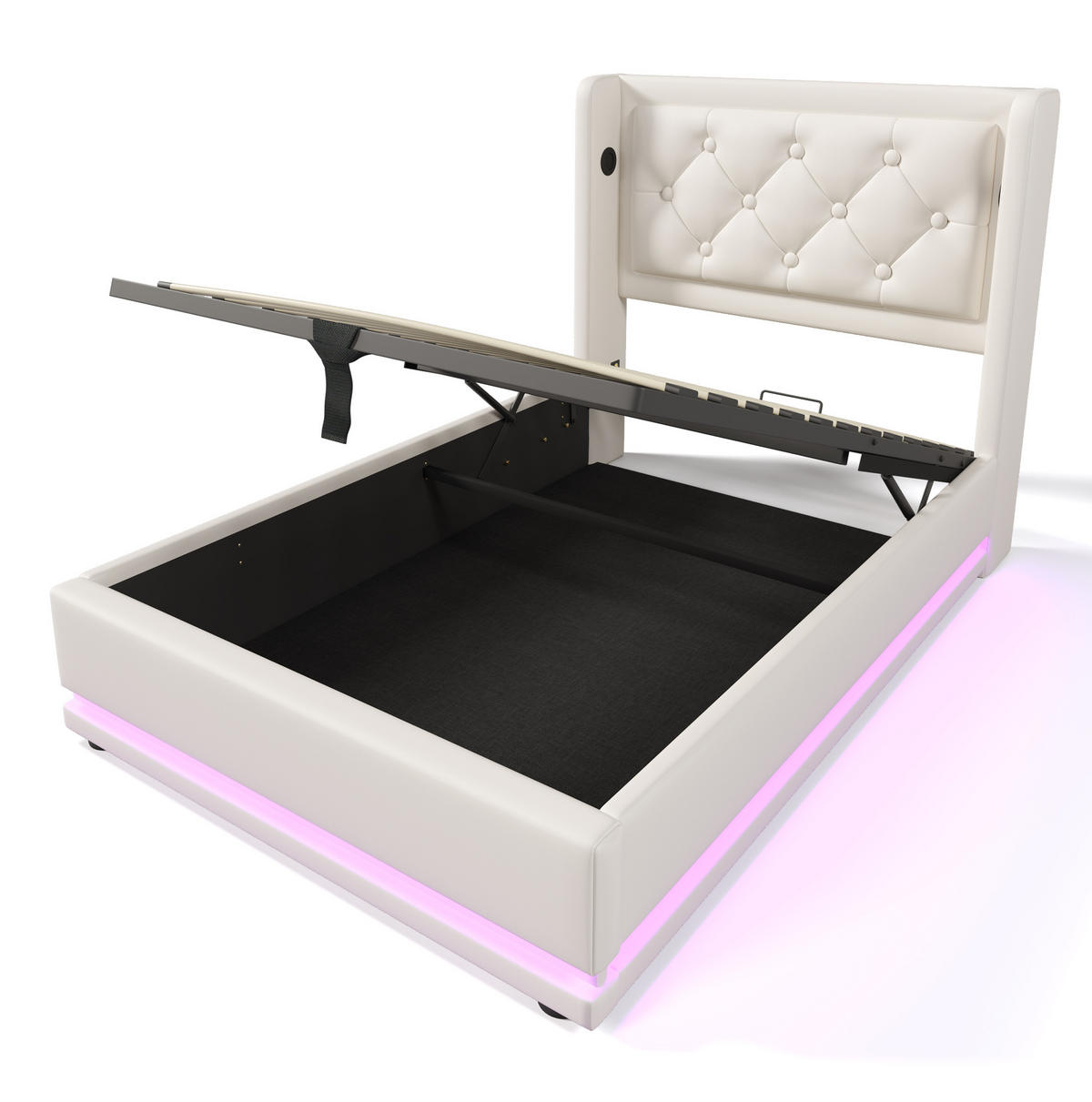 POLSTERBETT 90/200 cm mit USB Typ-C, Matratze, 3-seitiger LED und hydraulischem Stauraum, PU, Weiß - Weiß, Kunststoff (90/200cm) - Redom