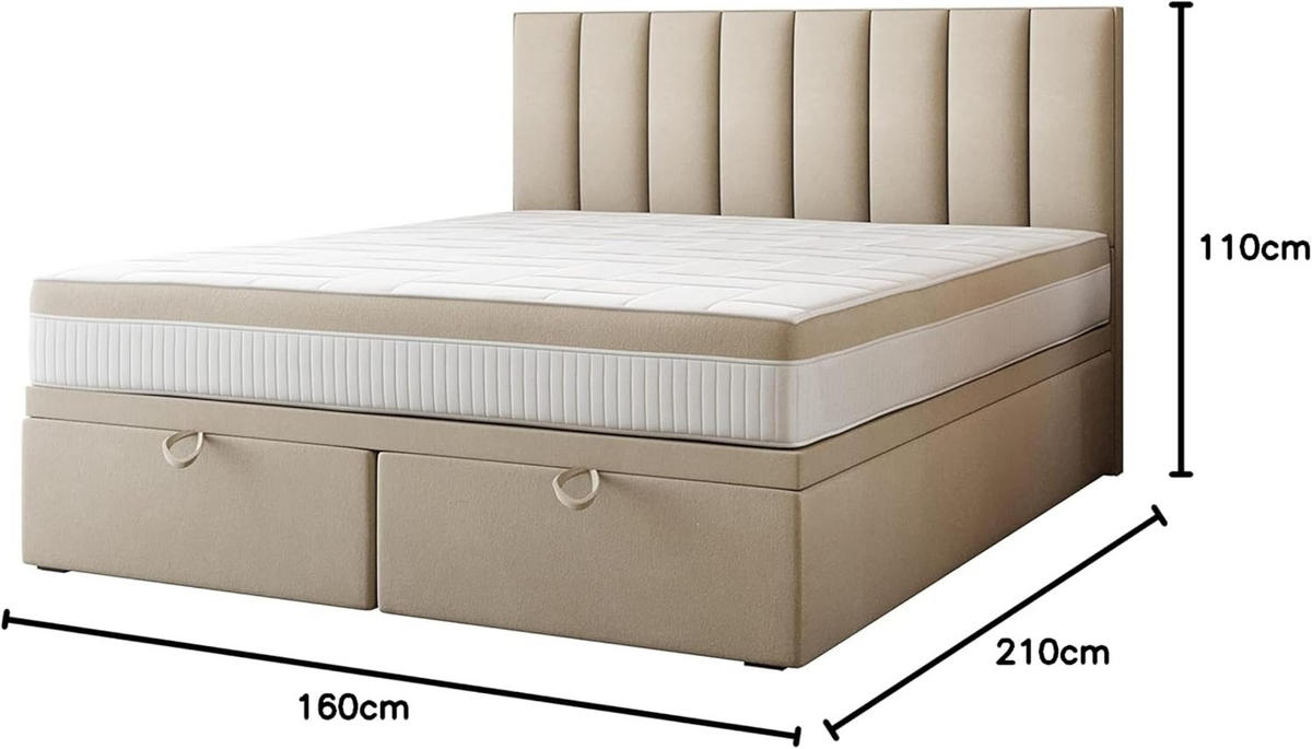 BOXSPRINGBETT BOND - Bett mit Matratze und Bettkasten - mit gestepptes Kopfteil - Beige - 200x200 cm - Beige, Textil (200/200cm) - Trada