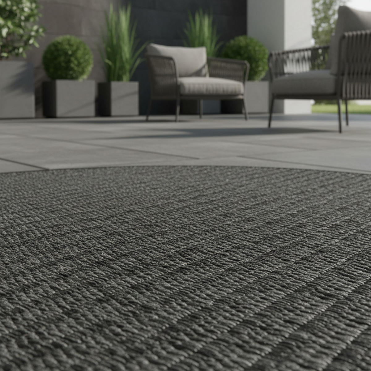 TEPPICH Outdoor Flachgewebe Uni-Farbe Polypropylen Balkon Schwarz Rund 160x160 - Grau, Textil (160/160cm) - KADIMA DESIGN