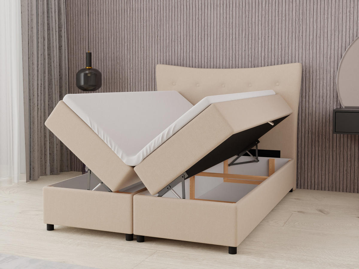 BOXBETT Nevada 140 x 200 cm Doppelbett mit hochwertiger Bonell-Matratze und Topper - beige - Beige, Holz (140/200cm) - Panda Möbel