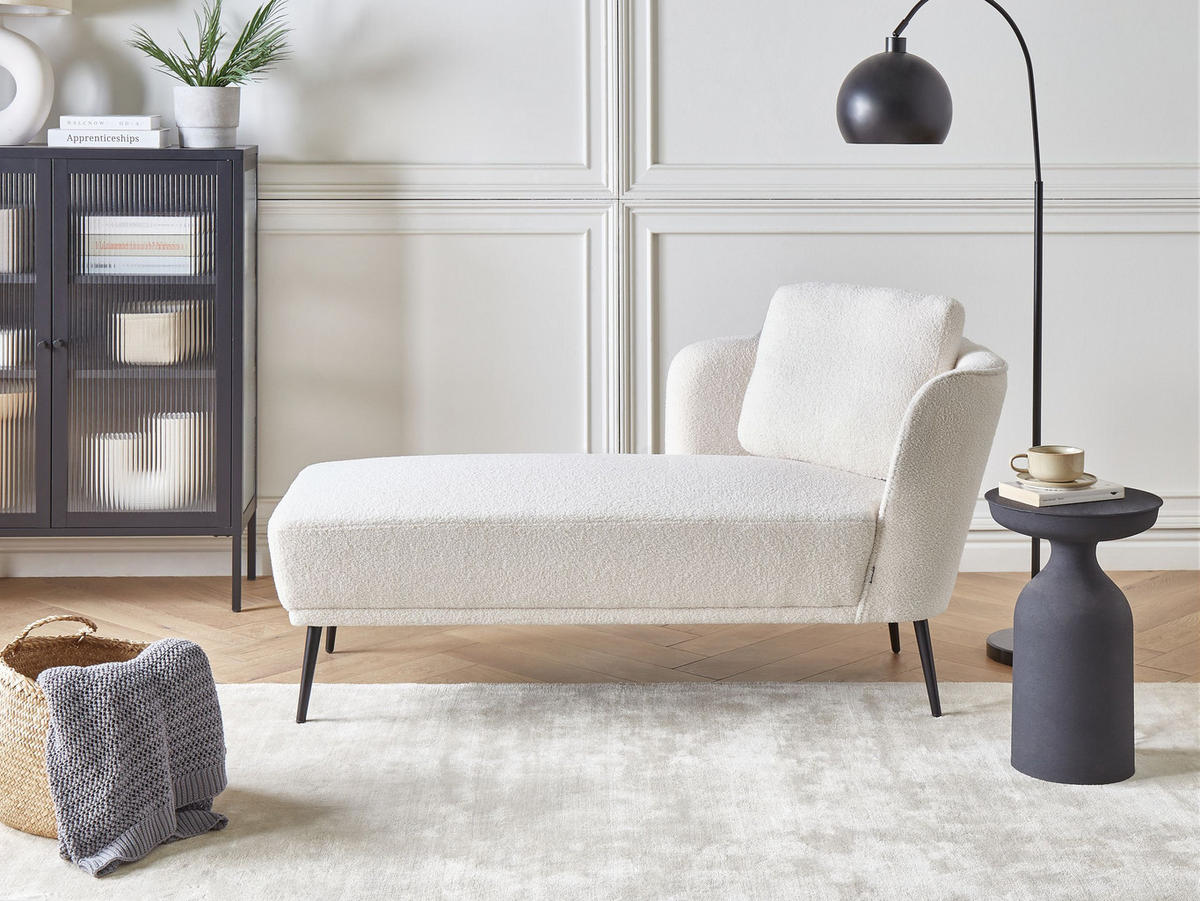 ČALOUNĚNÉ LEHÁTKO CHAISE LONGUE PRAVOSTRANNÉ Bouclé Krémově bílé Artheze - bílá/černá, textil (148/70/64cm) - Beliani