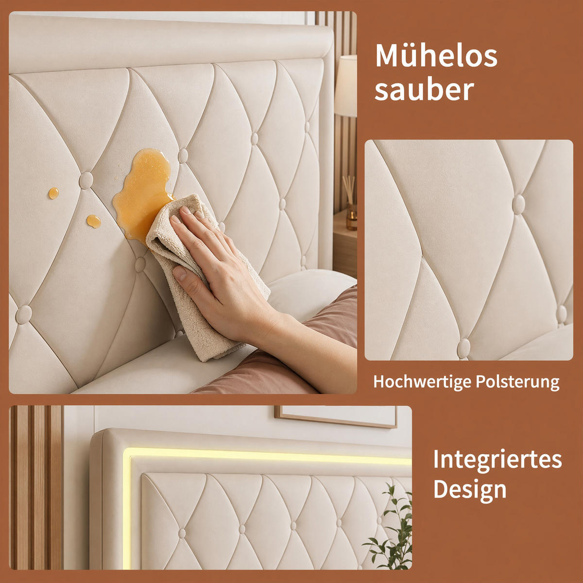 POLSTERBETT 140x200 mit RGB-LED, doppelbett mit 4 Schublade, Stauraum und Lattenrost, jugendbett 140x200 cm, PU, Ecru - Ecru, Leder/Holz (140/200cm) - GENKI LIVING