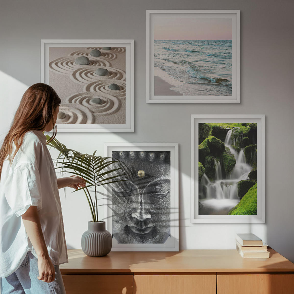 BILDER SET 4er Set - 50x50 cm & 40x60 cm Weißer Rahmen - Der Frieden der Natur mit Buddha - Weiß, Kunststoff (50/50cm) - TULUP