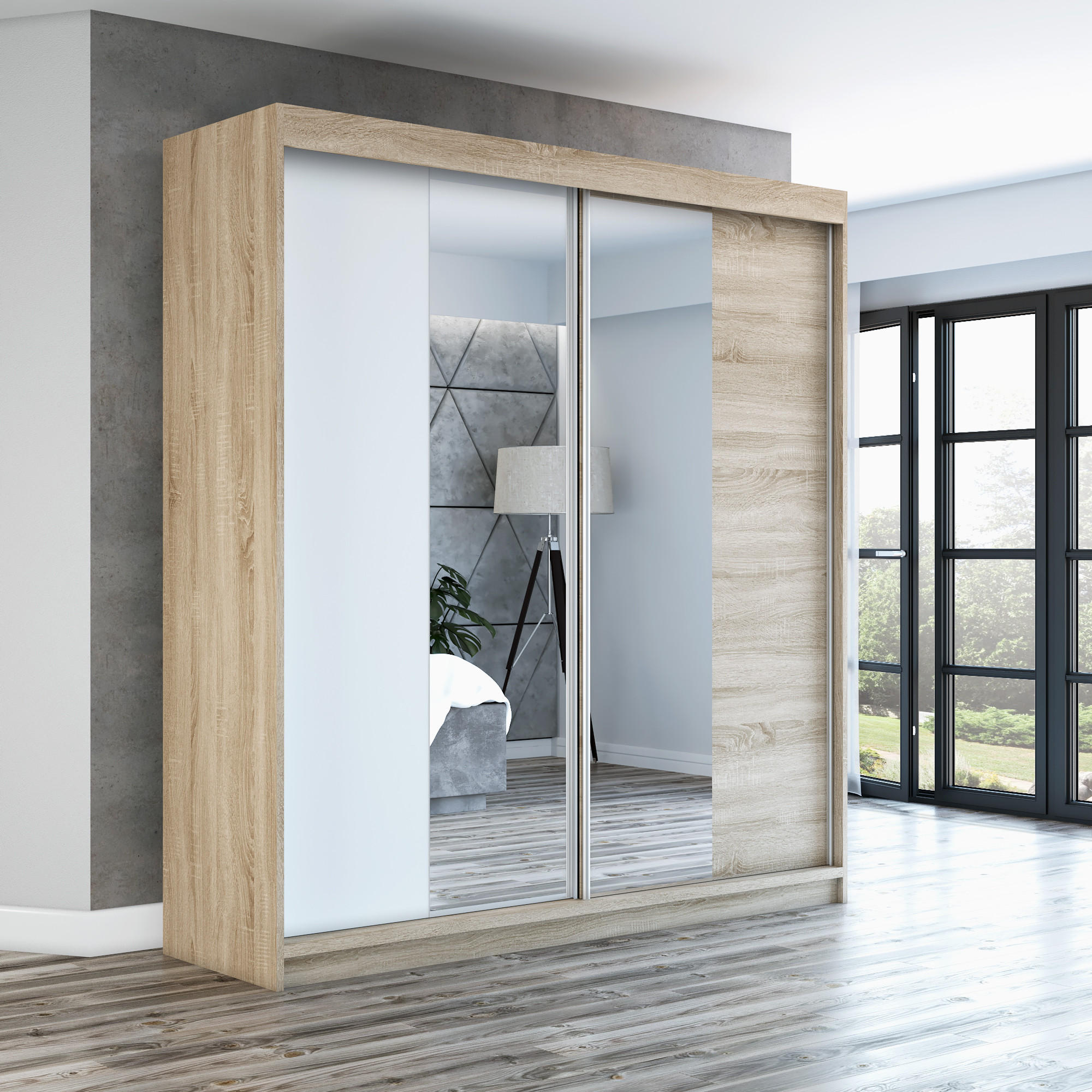 SCHWEBETÜRENSCHRANK 160 CM NEO Farbe: Sonoma / weiß / sonoma - Braun/Weiß, Holzwerkstoff (160/215/59.5cm) - A&J MöbelLand