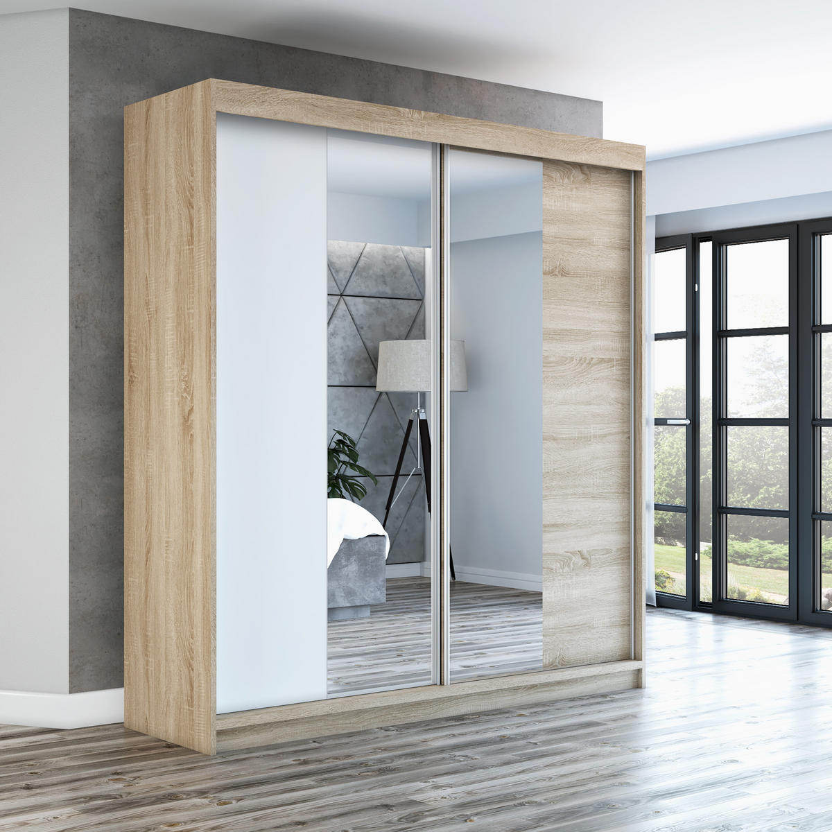 SCHWEBETÜRENSCHRANK 160 CM NEO Farbe: Sonoma / weiß / sonoma - Braun/Weiß, Holzwerkstoff (160/215/59.5cm) - A&J MöbelLand