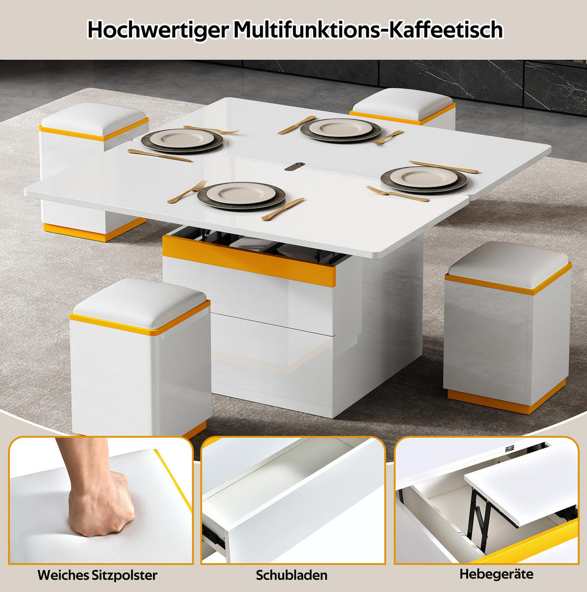 COUCHTISCH 100/50/43 cm mit Klapp- und Hebefunktion, Stauraum und 4 Hockern, Weiß/Gelb - Weiß, Holzwerkstoff (100/50/43cm) - Redom