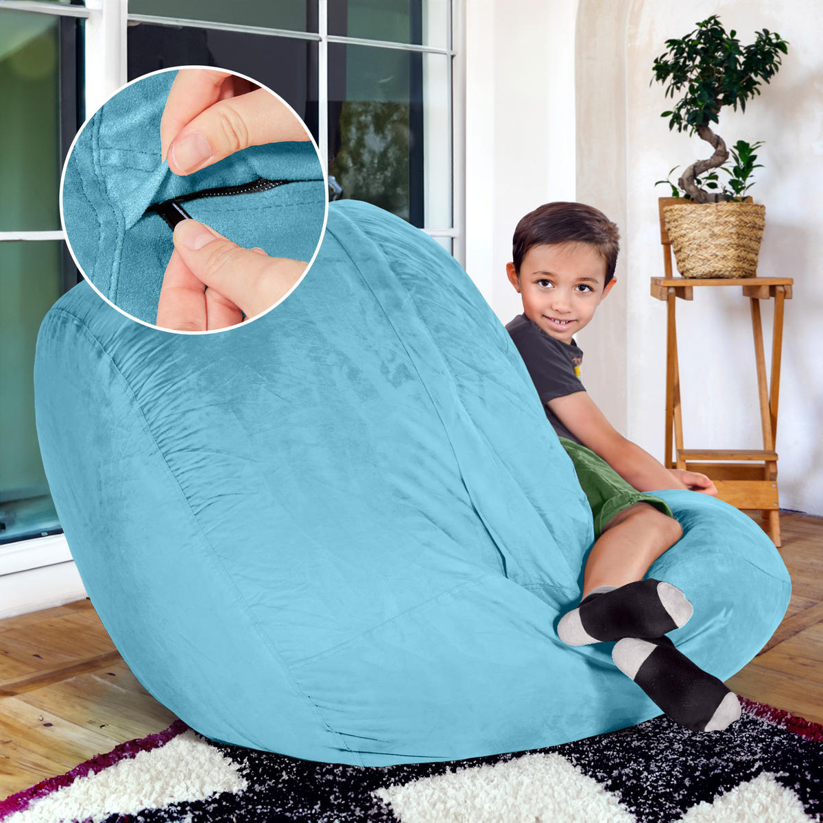RIESEN-SITZSACK XXL JUMBO Velours 4ft - Hellblau, Textil (120/70/120cm) - Green Bean