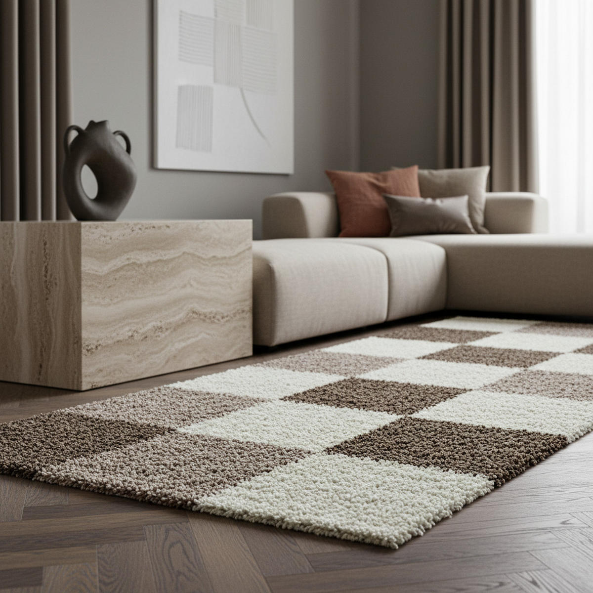 TEPPICH Hochflor Karo Polypropylen Wohnzimmer Shaggy Mokka Läufer 80x250 - Braun, Textil (80/250cm) - KADIMA DESIGN