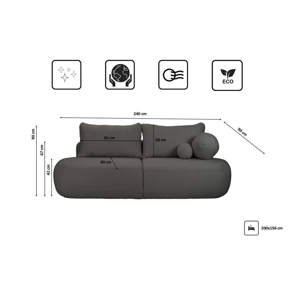 Thumbnail - Kaiser Möbel Schlafsofa, Graphit, Textil, Rechteckig, 240x90x90 cm, Wohnzimmer, Sofas & Couches, Schlafsofas