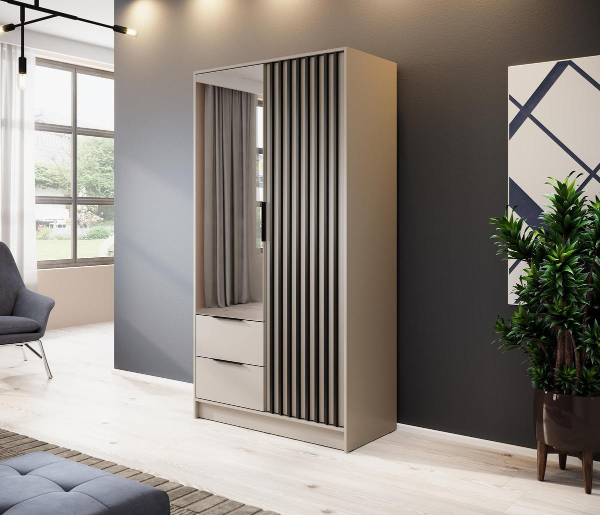 KLEIDERSCHRANK Nelly Kaschmir, Schrank zweitürige mit Spiegel - Kaschmir/Schwarz, Holzwerkstoff (105/200/51cm) - Bettso