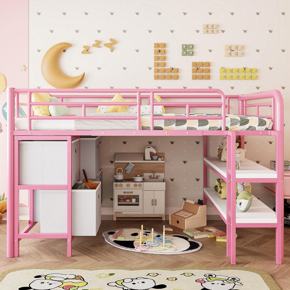 HOCHBETT 90/200 cm in Rosa mit Schubladen, Regalen und breiter Treppe - Rosa, Holzwerkstoff/Metall (90/200cm) - CHICFURN