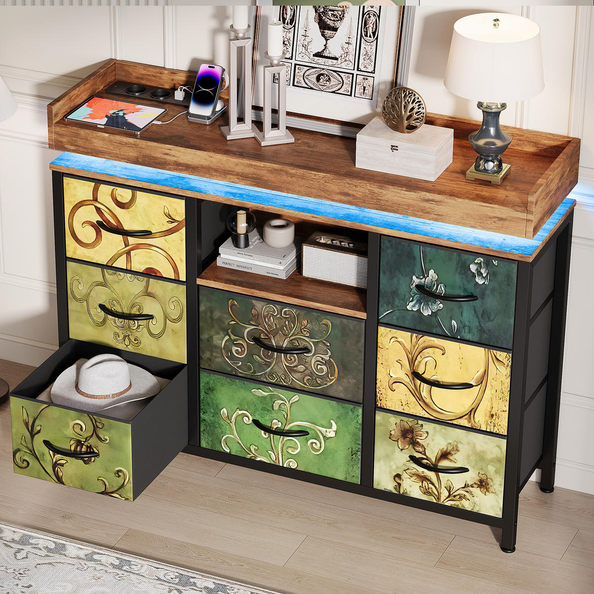 KOMMODE im Vintage-Stil mit 8 Stoffschubladen & LED-Beleuchtung - Multicolor, Holzwerkstoff (30/82/108cm) - SHOPENTRA
