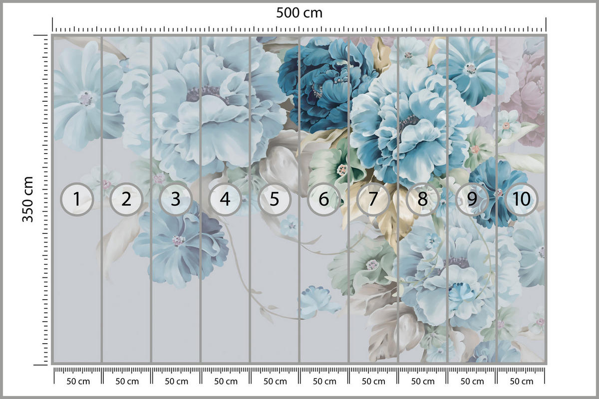 FOTOTAPETE für Schlafzimmer Blaue Pfingstrosen Zart Blumen Boho 500x350 - Blau/Gelb, Papier (500/350cm) - Muralo