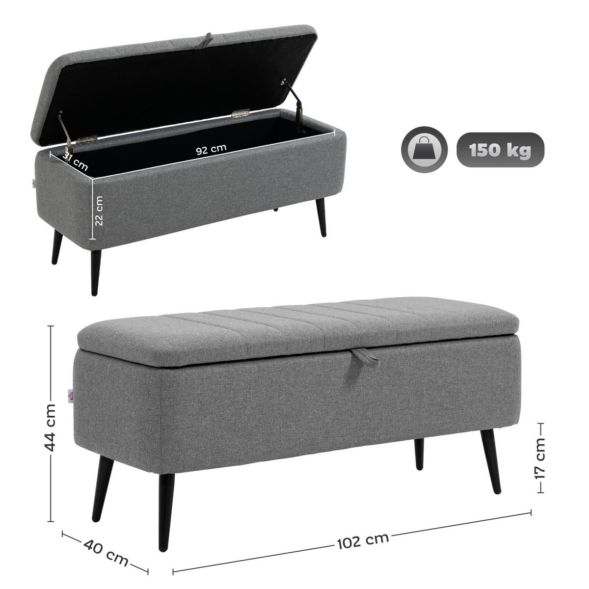 SITZBANK mit Stauraum Polsterbank mit Leinenoptik, Sitztruhe mit Stahlbeine - Grau, Kunststoff (40/44/102cm) - HOMCOM