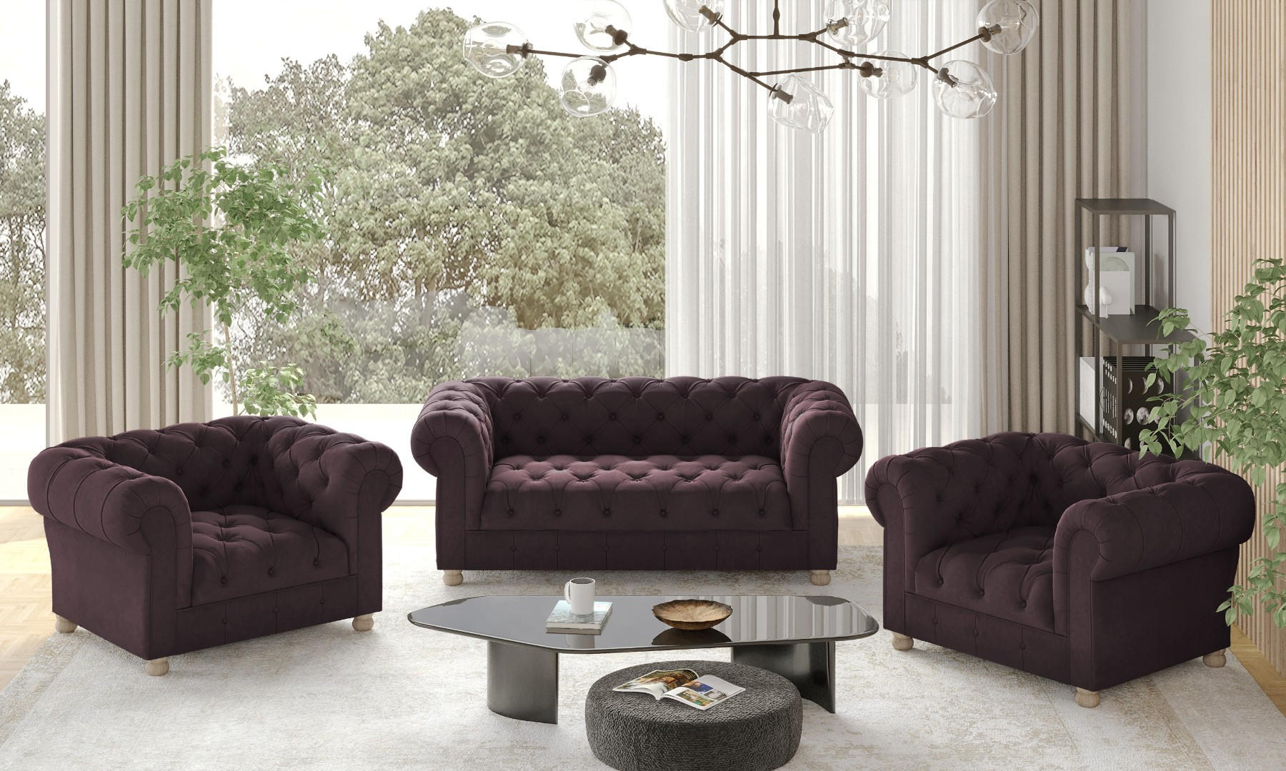 SITZGARNITUR CHESTERFIELD 2+1+1 Elegant Klassisch Schick Stoff Whisper Rotwein - Rot, Holz (152/77/90cm) - Kaiser Möbel