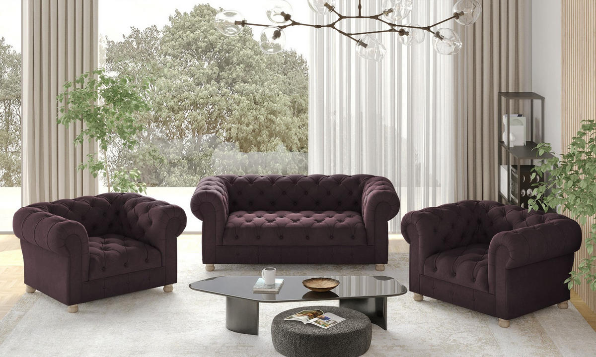 SITZGARNITUR CHESTERFIELD 2+1+1 Elegant Klassisch Schick Stoff Whisper Rotwein - Rot, Holz (152/77/90cm) - Kaiser Möbel