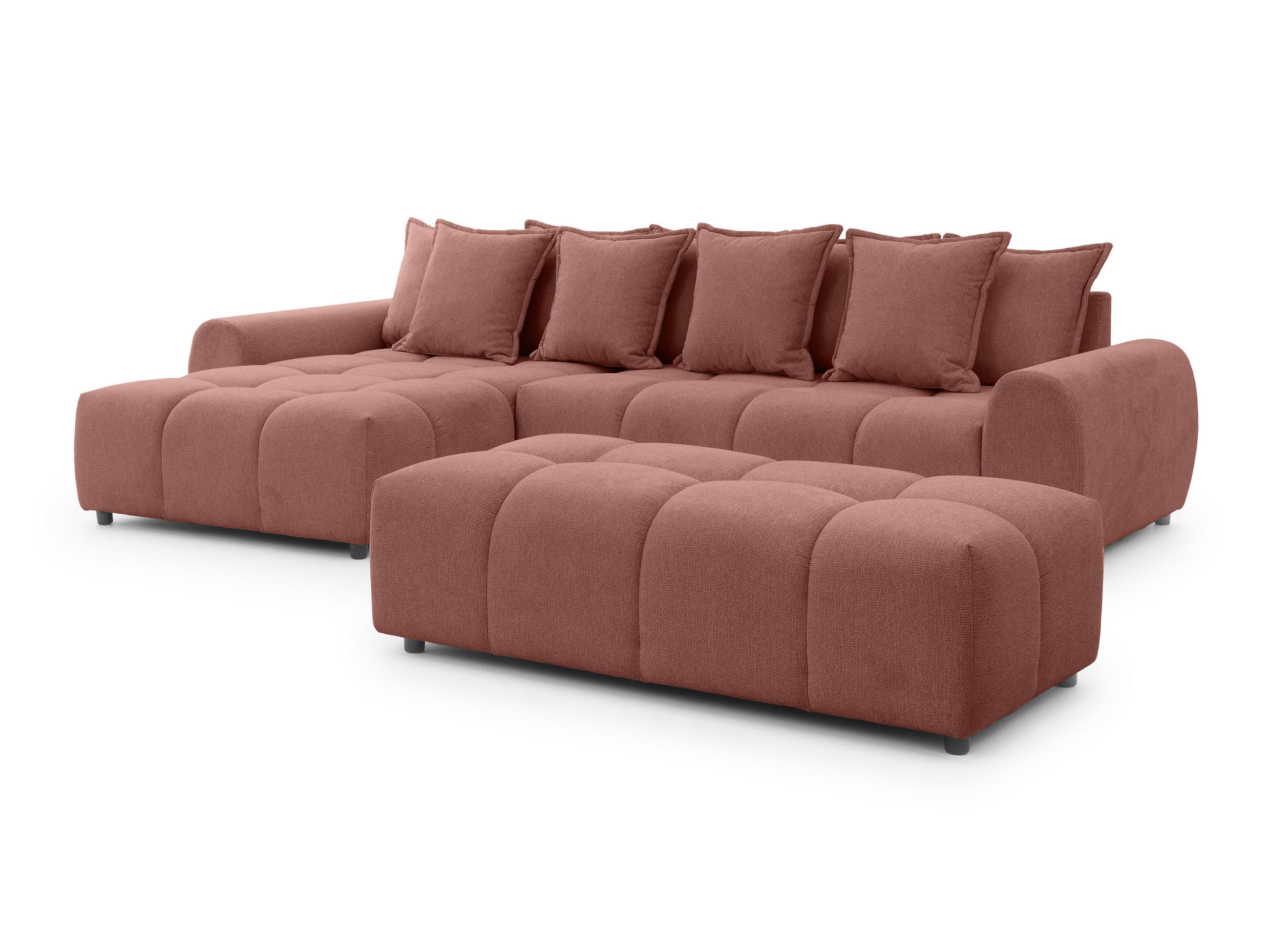 ECKSOFA inkl. Hocker Bubble mit Schlaffunktion und losen Rückenkissen, Sitzfläche Bubble-Optik aus weichem Terrakotta Strukturstoff - Ottomane Links - Terracotta/Schwarz, Holz/Kunststoff (180/306cm) - S-Style Möbel