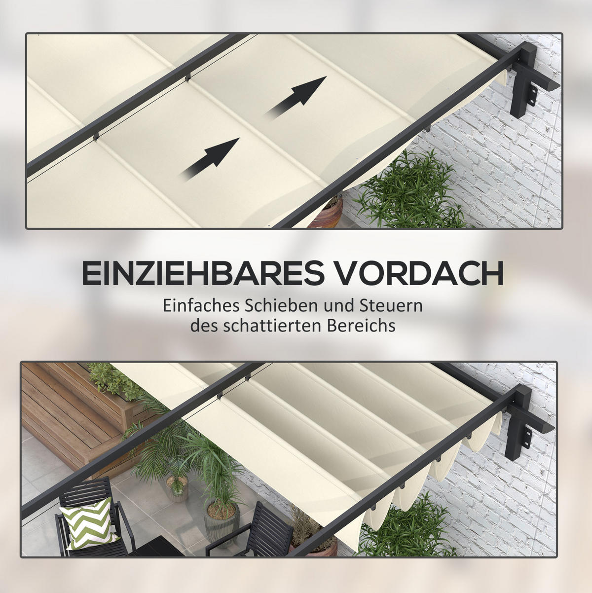 HLINÍKOVÁ pergola 297/297/200/230 cm s výsuvnou střechou a odvodem vody, krémově bílá - béžová, kov (297/230/297cm) - Redom