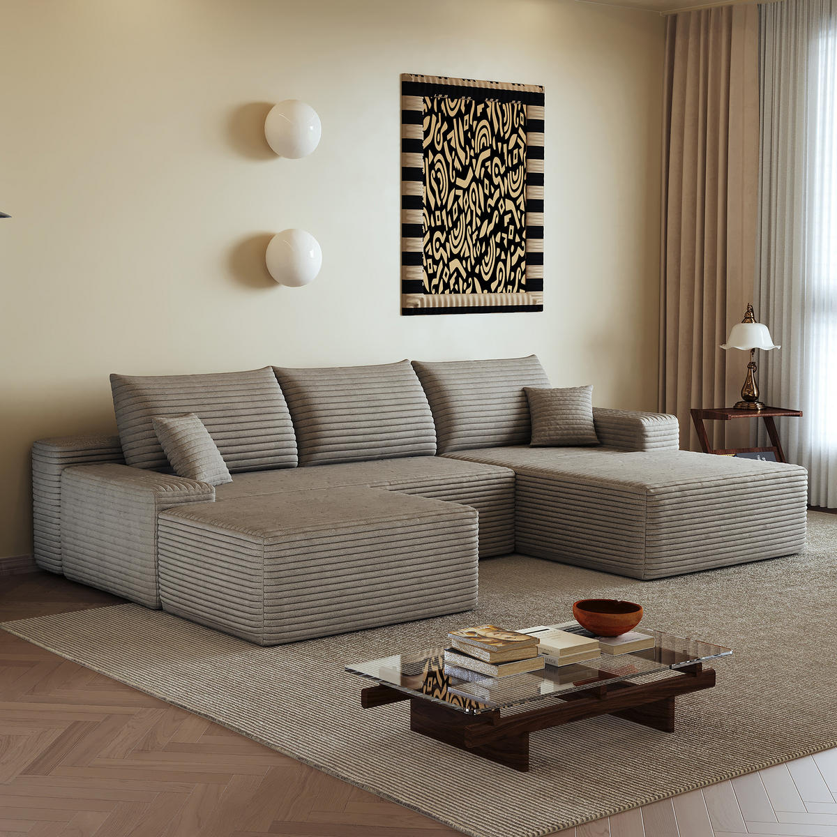 WOHNLANDSCHAFT DE-34857 U-Form 2-Sitzer Chaiselongue rechts Camel - Sandfarben, Textil (175/83/270cm) - ComfortXL