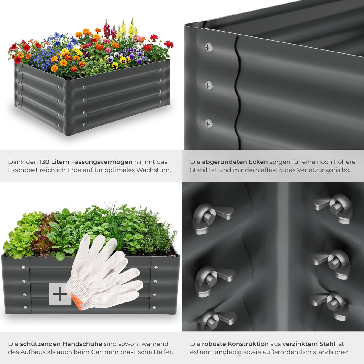 HOCHBEET Salvia verzinkt, 80 x 60 x 30 cm, 130 l, Stahl grau, inkl. Handschuhe - Grau, Metall (60/30/80cm) - tectake