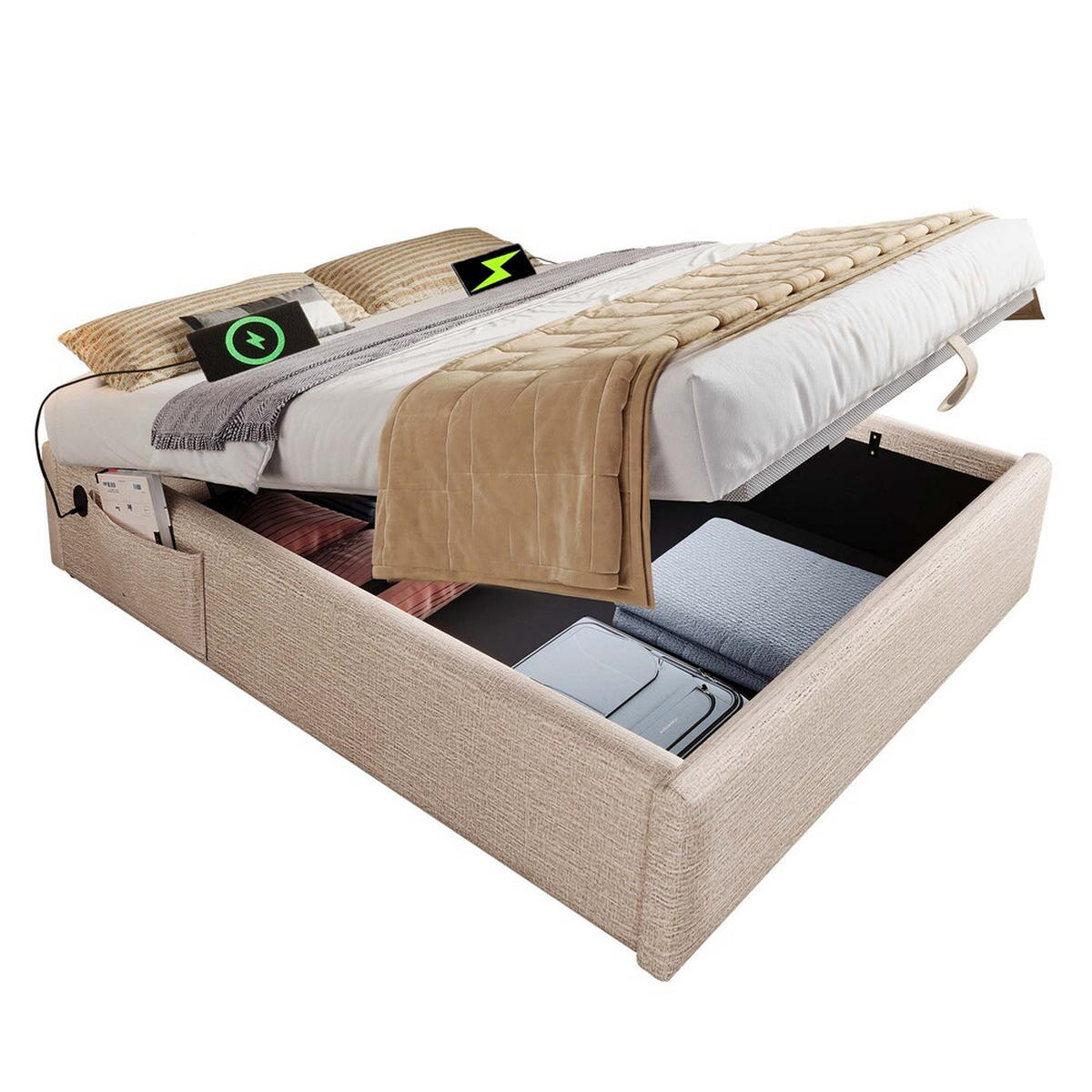 POLSTERBETT 160x200cm Doppelbett Stauraumbett mit USB-C & Lattenrost Natürlich - Beige, Holz - FLIEKS