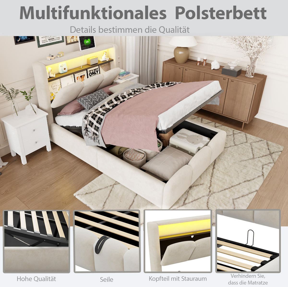 POLSTERBETT aus Samt 90x200 cm Beige mit LED, USB-/Typ-C-Anschluss und hydraulischem Stauraum - Beige, Textil (90/200cm) - Modfu