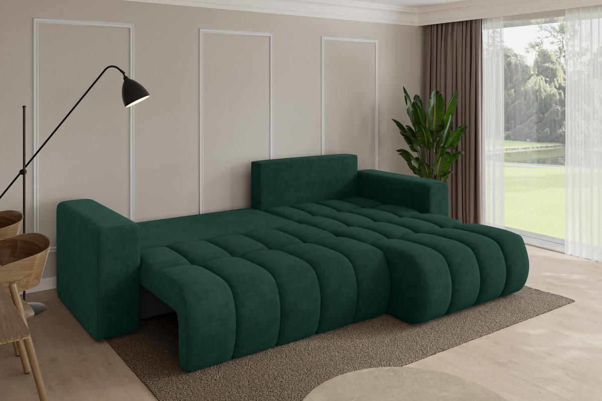 ROHOVÁ SEDAČKA s funkcí spaní, otoman vpravo MILA-L-v1 277x195x86 zelená velur - černá/zelená barva, kompozitní dřevo/textil (277/194cm) - ALTDECOR