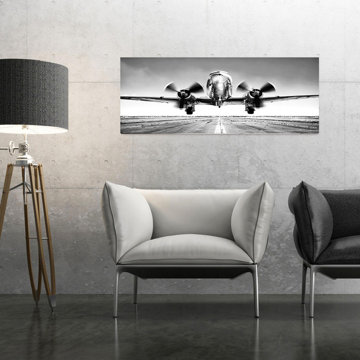 GLASBILD 80x30 cm Flugzeug schwarz weiß - Anthrazit, Glas (80/30cm) - artissimo
