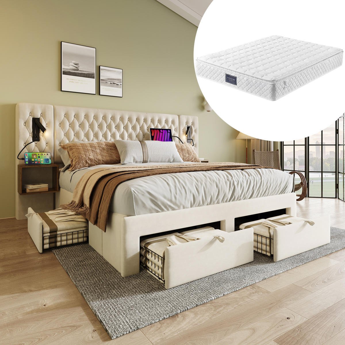 POLSTERBETT 160/200 cm DE-00925, in Beige, 2 Nachttischen, 4 Schubladen und Matratze - Beige, Metall (160/200cm) - ComfortXL