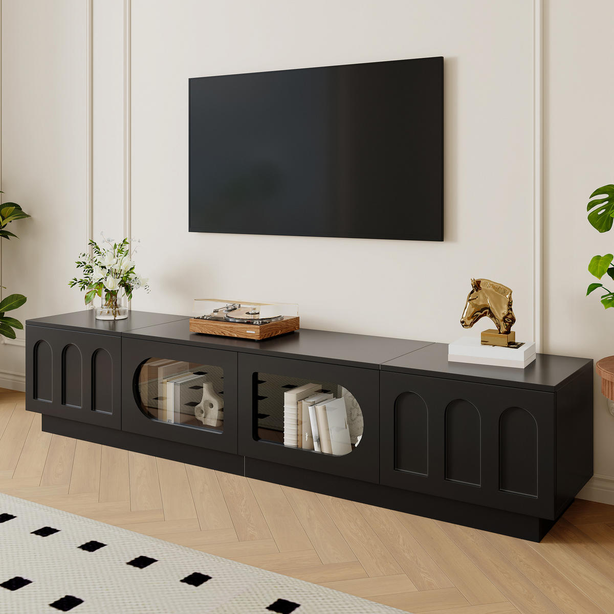 TV-LOWBOARD mit LED, APP-Steuerung, Glastür und Bogentür - Schwarz, Holzwerkstoff (200/42/40cm) - FLIEKS