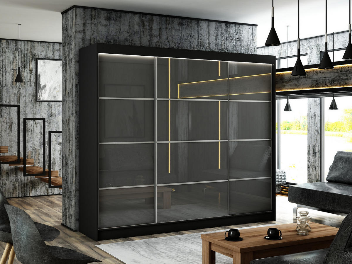 SCHIEBETÜRENSCHRANK TIPI III - Schwarz/Grau, Holzwerkstoff (250/215/61cm) - Meblini