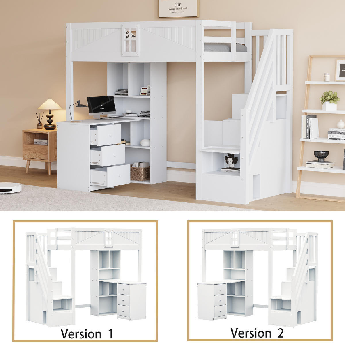 VYSOKÁ posteľ 90/200 cm biela z masívneho dreva s písacím stolom úložným priestorom a vymeniteľným rebríkom - biela, drevo (90/200cm) - OKWISH