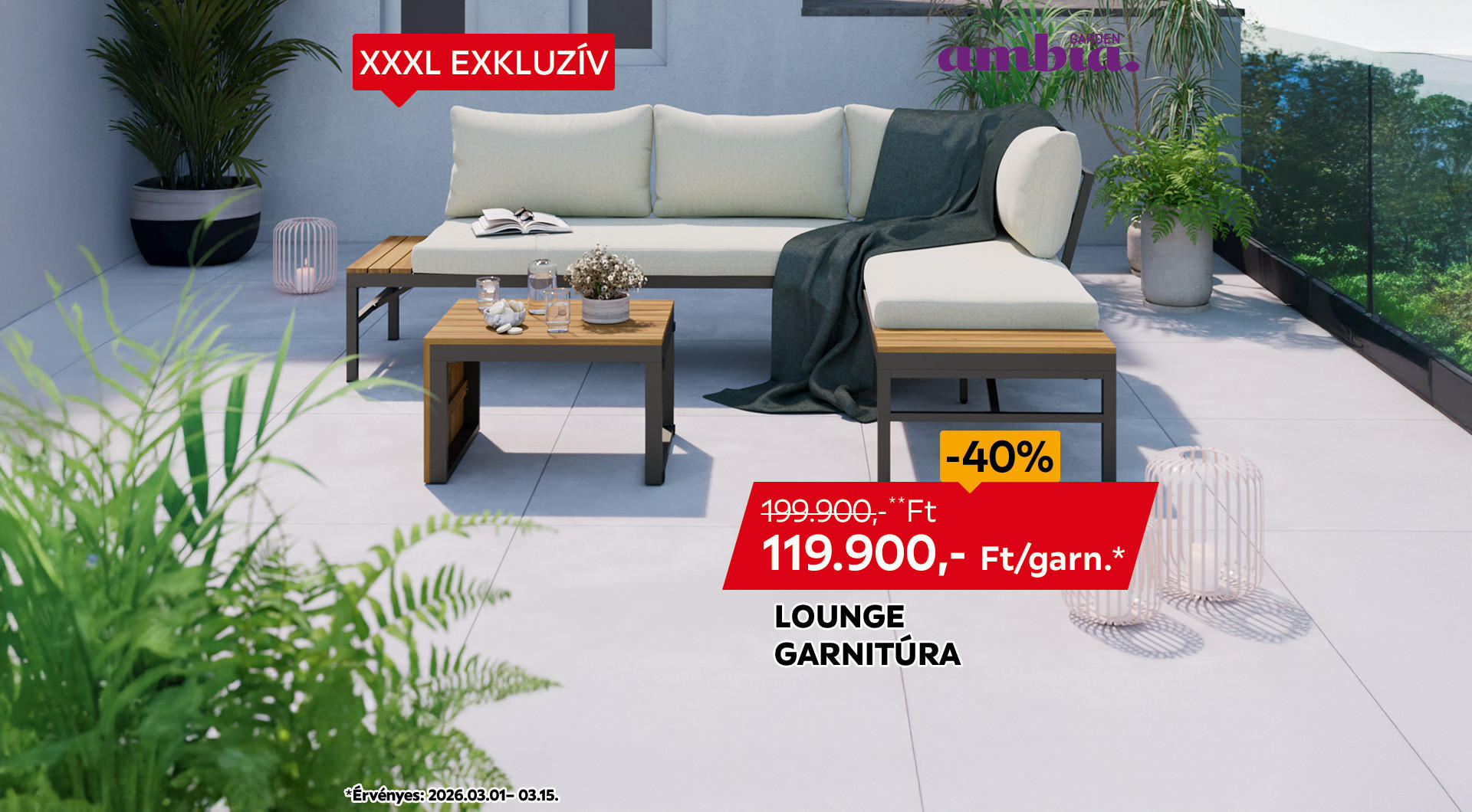 A lounge garnitúra 2026.03.01-03.15. között 199.900 Ft helyett csak 119.900 Ft/garn. az áruházakban és online.
