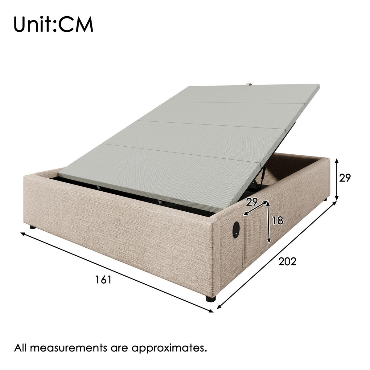 ČALOUNĚNÁ postel 160/200 cm béžová a přírodní z lnu s úložným prostorem a USB-C - béžová, kompozitní dřevo (160/200cm) - OKWISH