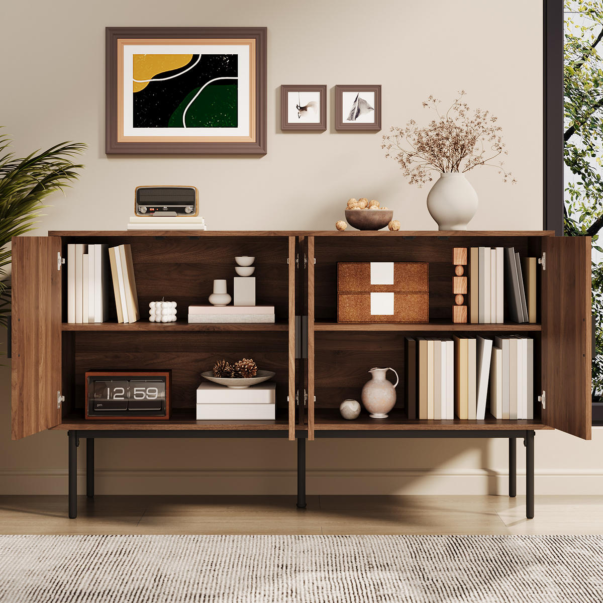 SIDEBOARD in Naturfarben Kommode mit Stauraum und Metallbeinen für Wohnzimmer und Esszimmer, B140/T40/H80cm - Schwarz/Naturfarben, Holzwerkstoff/Metall (140/80/40cm) - STILVORA