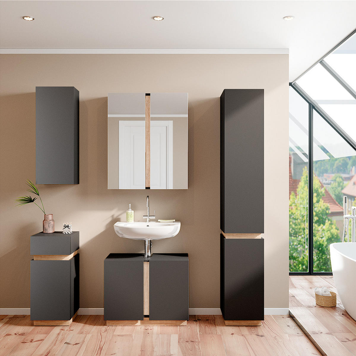 BADMÖBEL-SET Gloria Anthrazit 4 Teile - Anthrazit/Sonoma Eiche, Holzwerkstoff (70/55/34cm) - Vicco