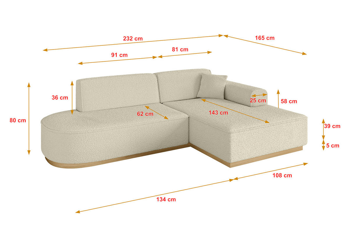 ECKSOFA Ottomane Rechts IREA-L1-v2 - 232x165x80 cm Beige - Hellbraun/Creme, Holzwerkstoff/Textil (232/165cm) - ALTDECOR