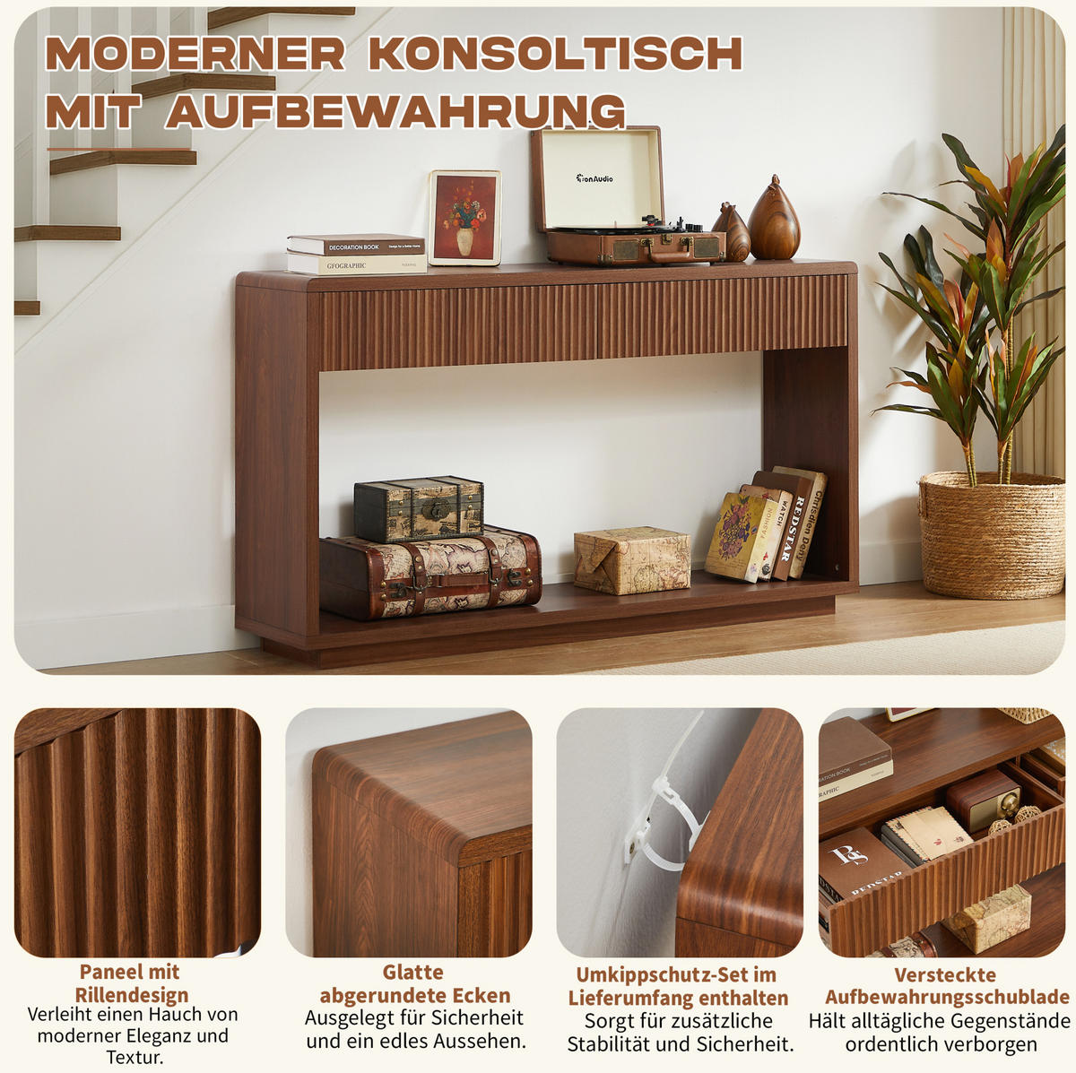 KONSOLENTISCH aus Spanplatte und MDF 150x35x85 cm Nussbaum mit 2 Schubladen und offenem Ablagefach - Walnussfarben, Holzwerkstoff (150/35/85cm) - IVMEU