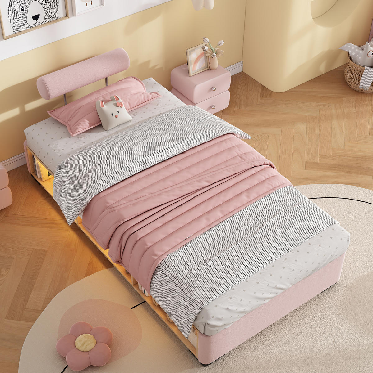 POLSTERBETT 90/200 cm Rosa mit LED und Stauraum ohne Matratze - Rosa, Textil (90/200cm) - MIVRAY