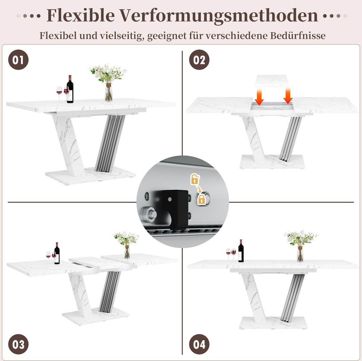 ESSTISCH 120/160/80/76 cm in Weiß mit Marmoroptik und Ausziehfunktion - Weiß, Holzwerkstoff (120/80/76cm) - Flora Grace