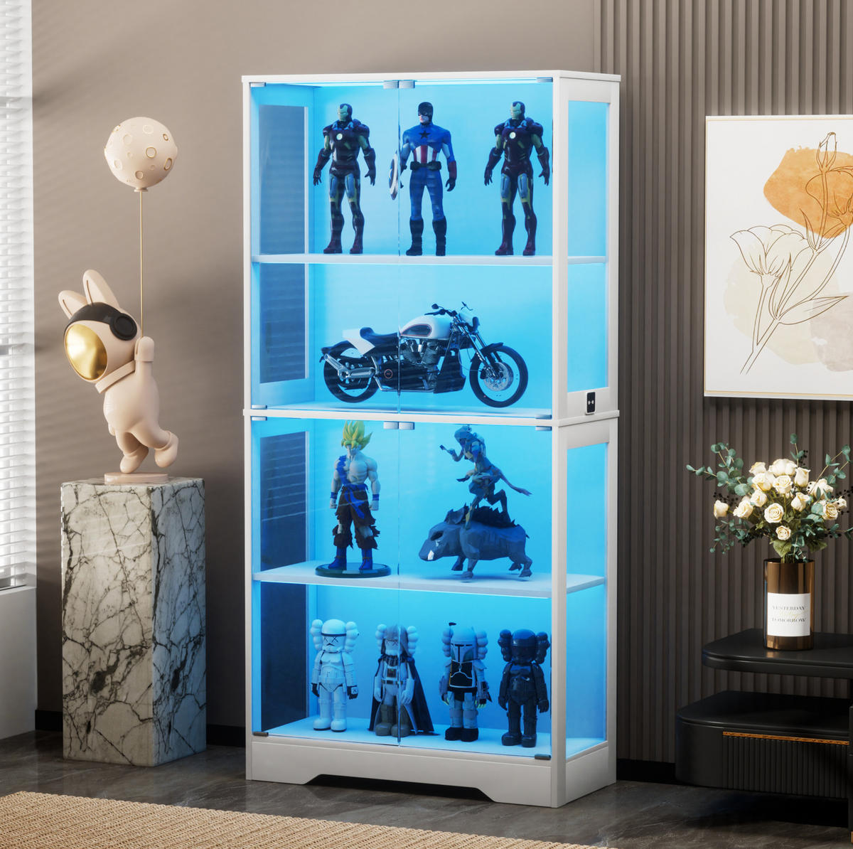 GLASVITRINE aus MDF und Glas 35x80x165 cm Weiß mit LED-Beleuchtung und Bewegungssensor - Weiß, Holzwerkstoff (80/165/35cm) - IVMEU