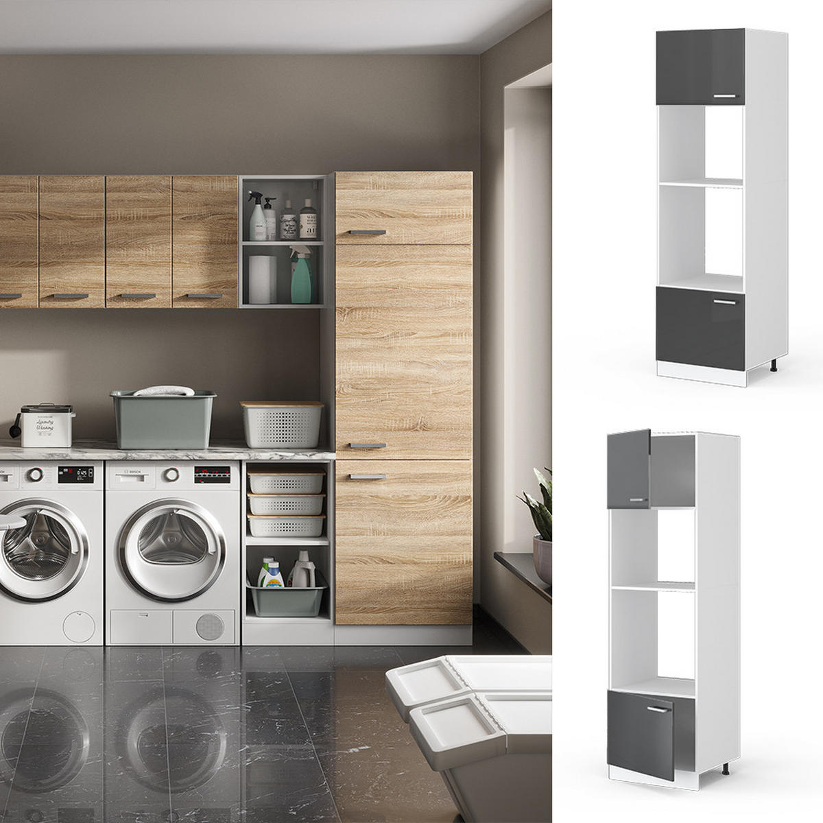 HOCHSCHRANK R-Line Anthrazit Hochglanz 60 cm mit offenen Regalen und Türen - Anthrazit/Weiß, Holzwerkstoff (60/207/57.2cm) - Vicco