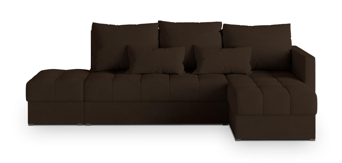 ECKSOFA LUMARI R-S Braun Plüsch-Stoff mit Schlaffunktion - Braun, Holz (262/143cm) - MASSENO